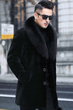 Men's Black Single-Breasted Coat with Fur Collar