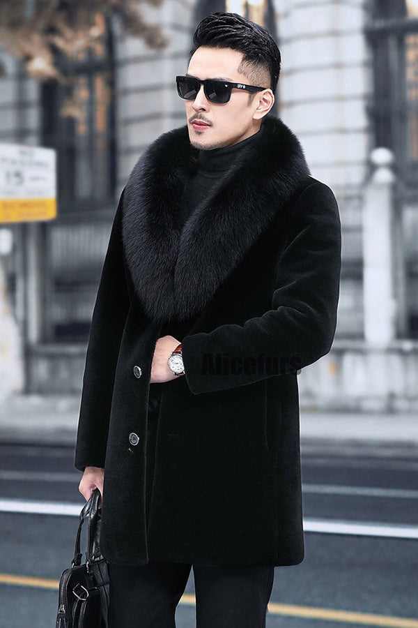 Men's Black Single-Breasted Coat with Fur Collar