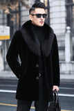 Men's Black Single-Breasted Coat with Fur Collar