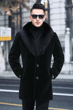 Men's Black Single-Breasted Coat with Fur Collar