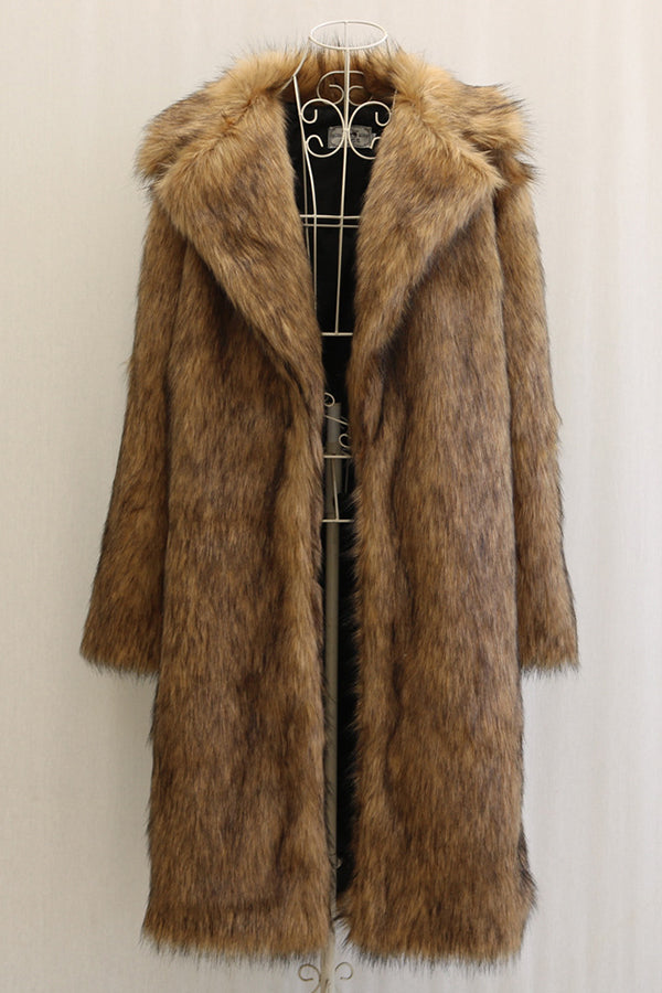 2025 Men's Fake Fur Coat Brown Long Fluffy Overcoat