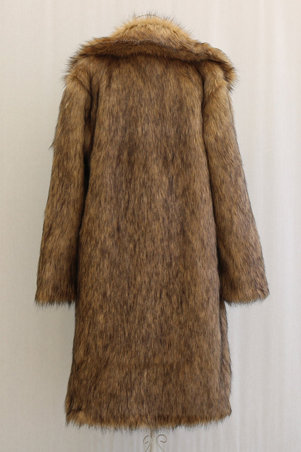 2025 Men's Fake Fur Coat Brown Long Fluffy Overcoat