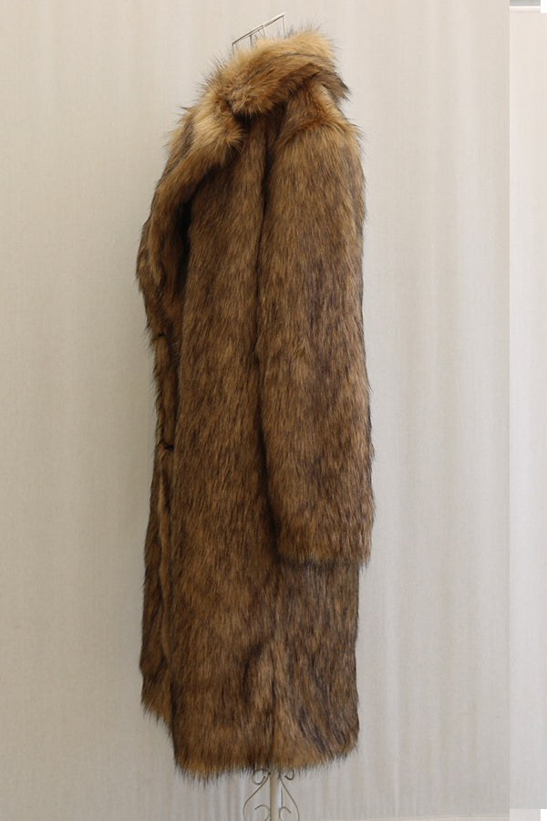 2025 Men's Fake Fur Coat Brown Long Fluffy Overcoat