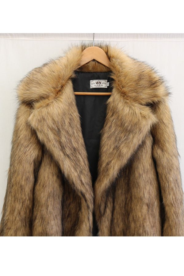 2025 Men's Fake Fur Coat Brown Long Fluffy Overcoat