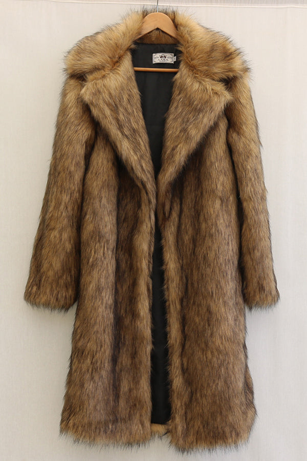 2025 Men's Fake Fur Coat Brown Long Fluffy Overcoat