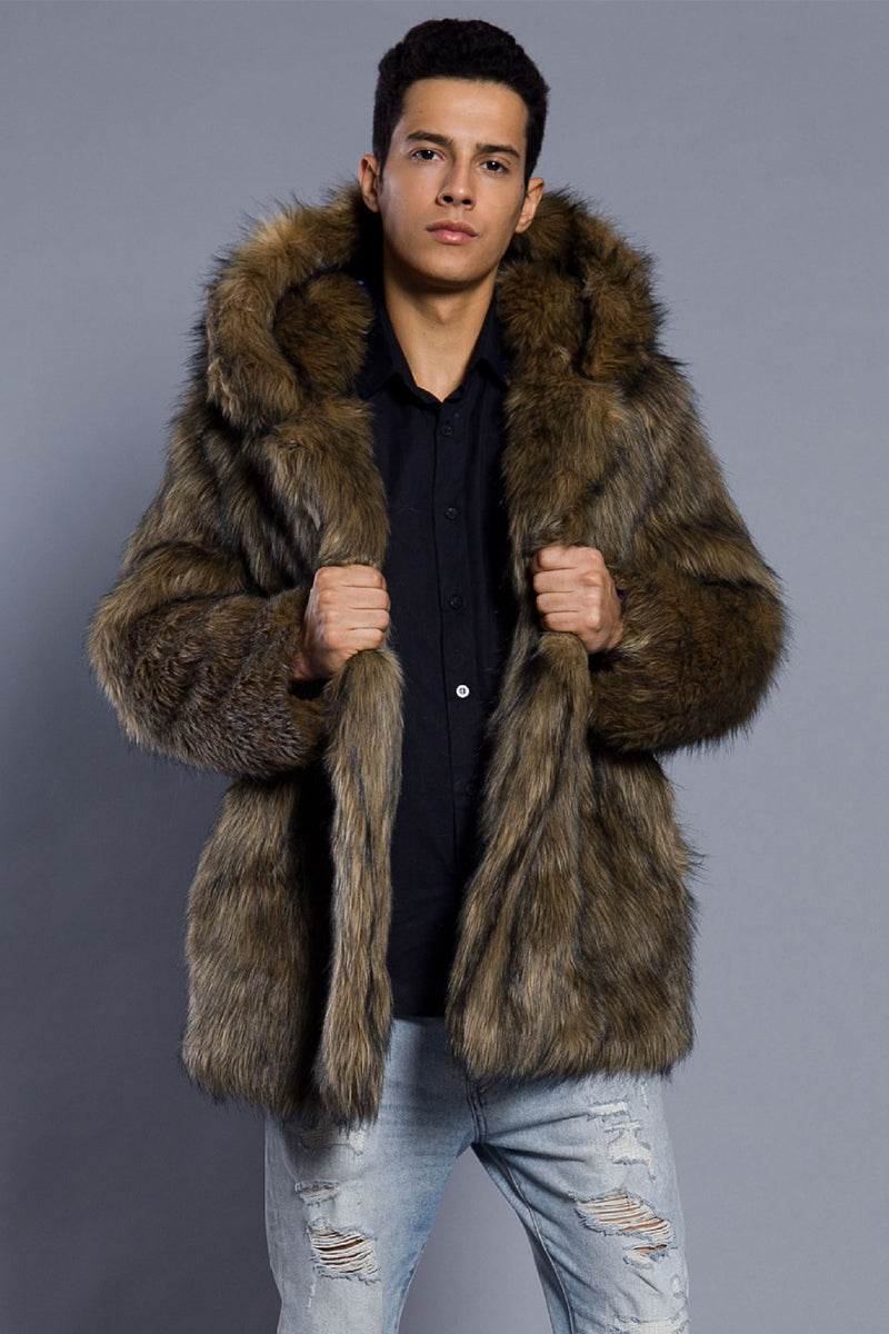 Men's Fake Fur Coat Hooded Winter Warm Outerwear