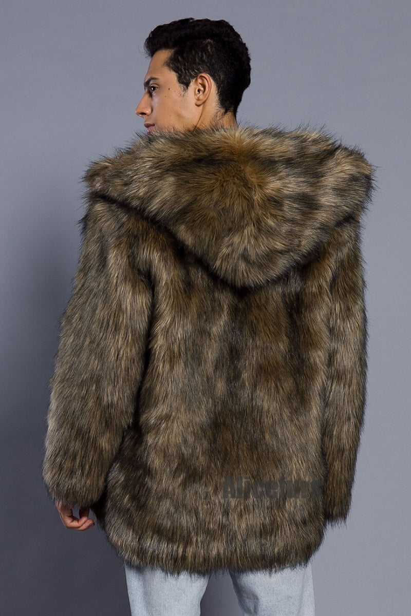 Men's Fake Fur Coat Hooded Winter Warm Outerwear