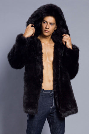 mens fake fur coat hooded winter warm outerwear in black Alicefurs