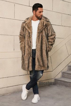 mens fake fur coat long lapel collar winter overcoat in brown 2 Alicefurs