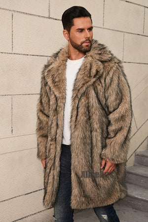 mens fake fur coat long lapel collar winter overcoat in brown 3 Alicefurs