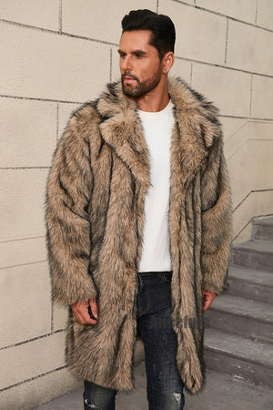 mens fake fur coat long lapel collar winter overcoat in brown 4 Alicefurs