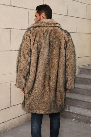 mens fake fur coat long lapel collar winter overcoat in brown 6 Alicefurs
