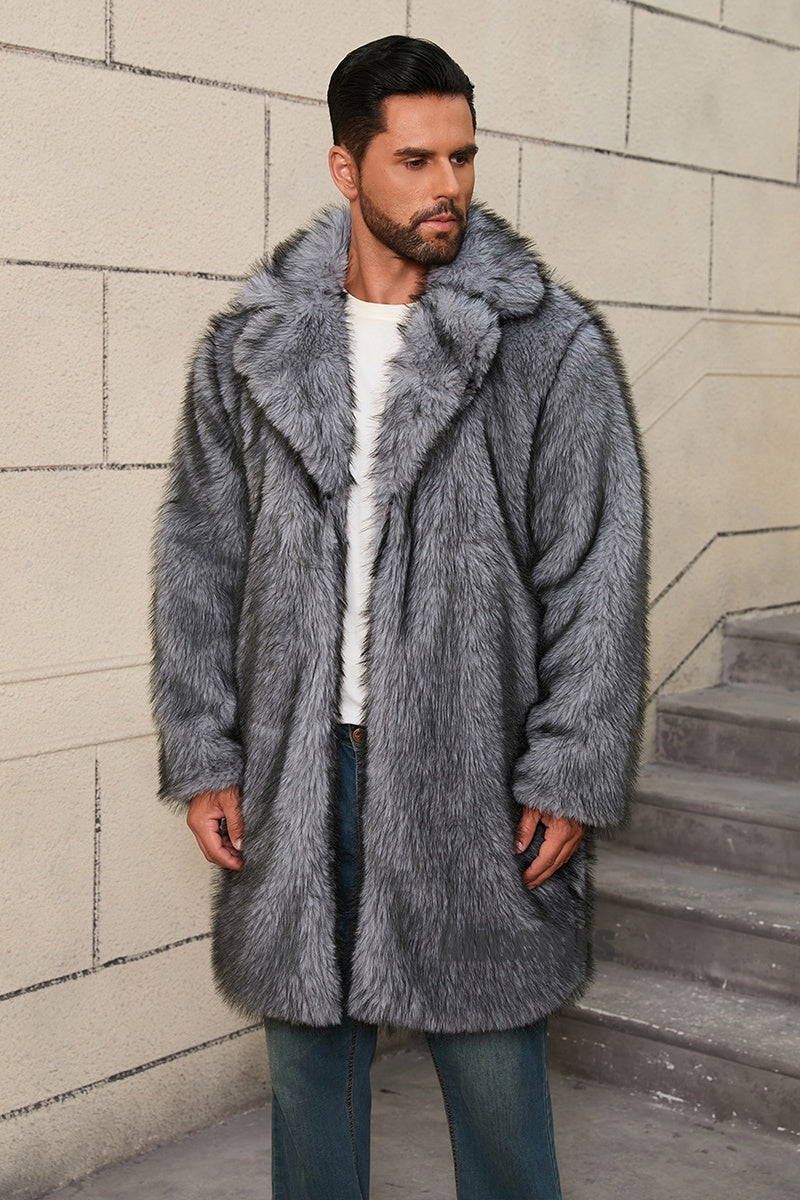mens fake fur coat long lapel collar winter overcoat in grey 1 Alicefurs
