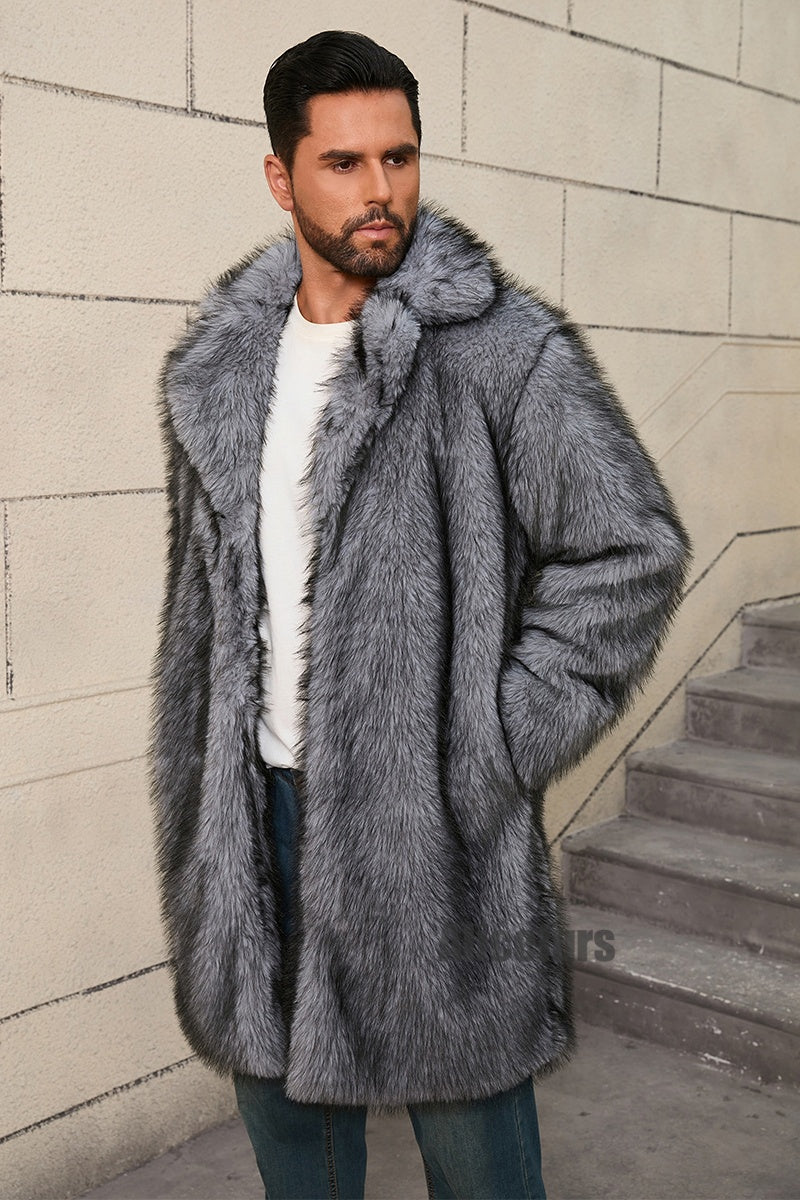 mens fake fur coat long lapel collar winter overcoat in grey 2 Alicefurs