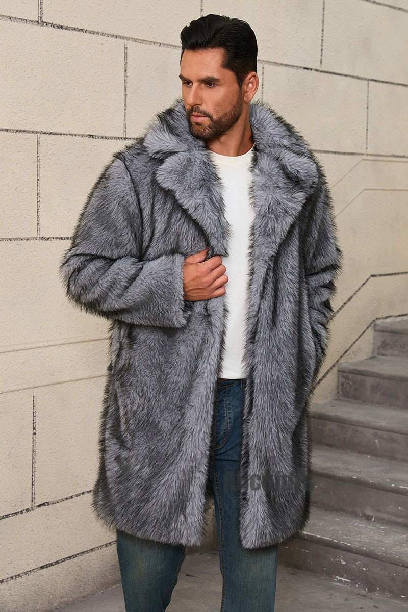mens fake fur coat long lapel collar winter overcoat in grey 3 Alicefurs