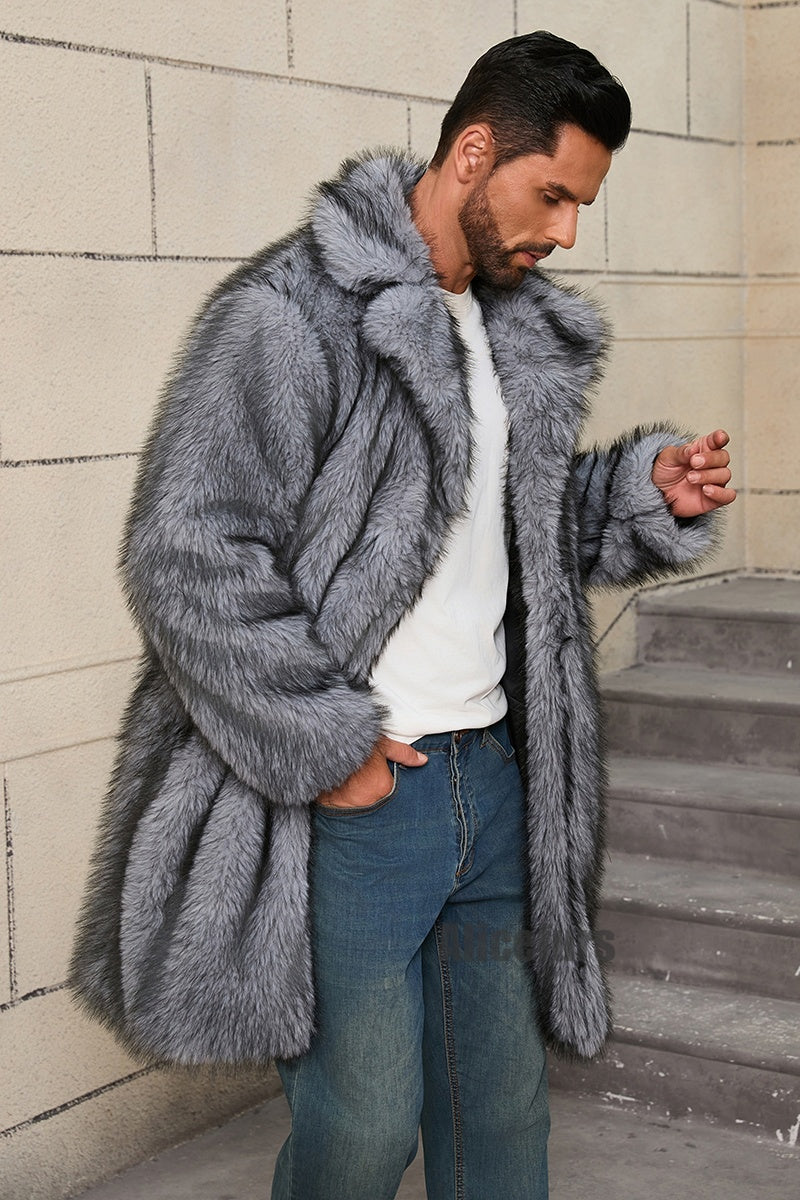 mens fake fur coat long lapel collar winter overcoat in grey 4 Alicefurs