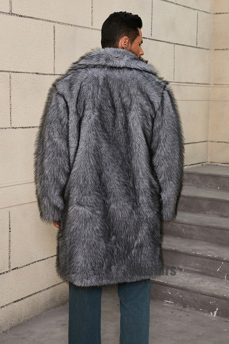 mens fake fur coat long lapel collar winter overcoat in grey 5 Alicefurs