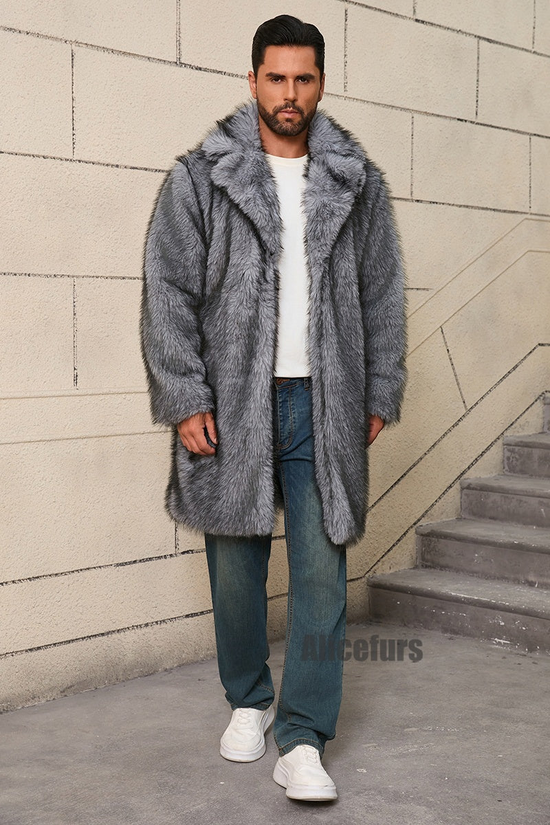 mens fake fur coat long lapel collar winter overcoat in grey 6 Alicefurs