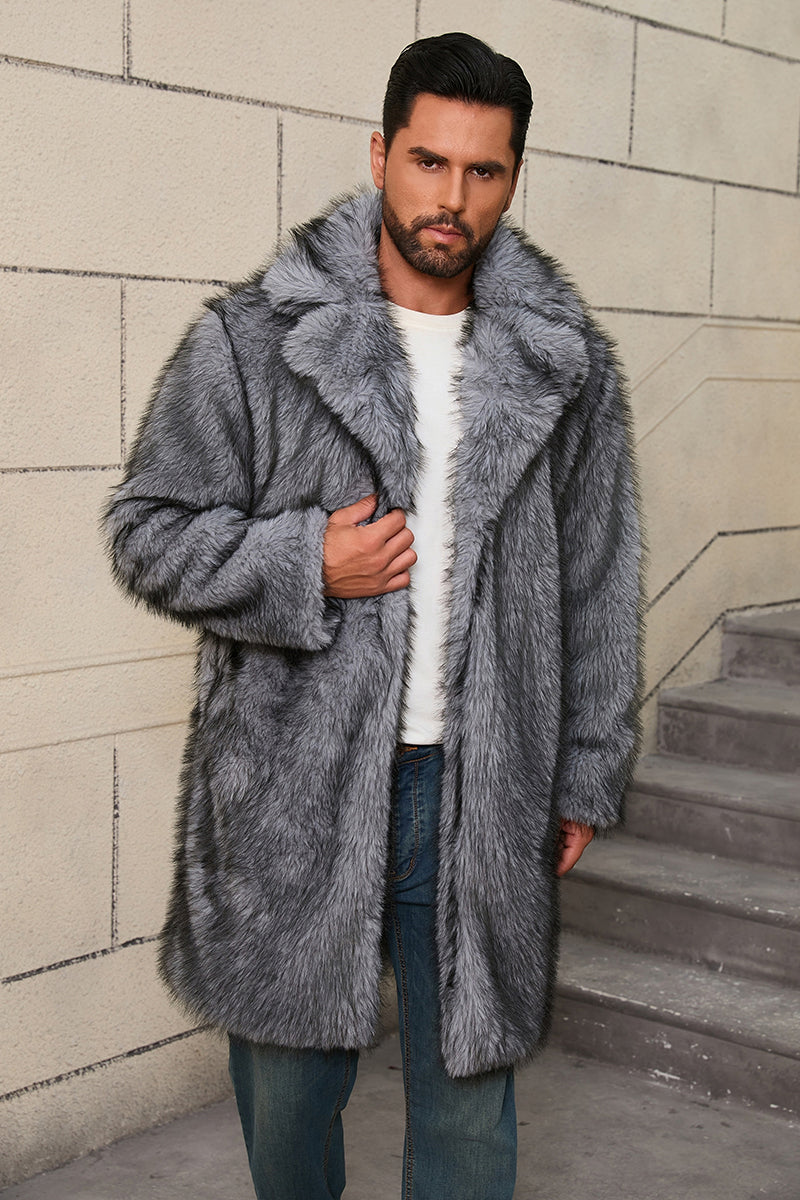mens fake fur coat long lapel collar winter overcoat in grey Alicefurs