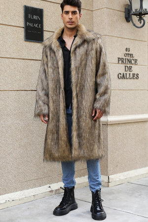 mens faux fur coat square collar fluffy long overcoat in brown 2 Alicefurs