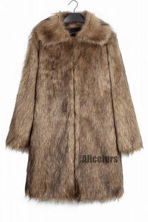 mens faux fur coat square collar fluffy long overcoat in brown 6 Alicefurs