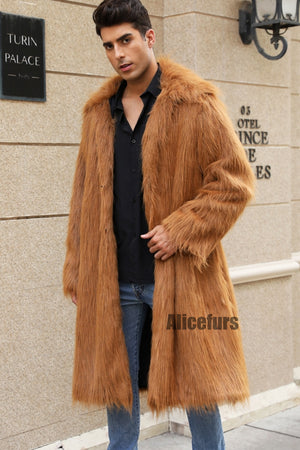 mens faux fur coat square collar fluffy long overcoat in copper 2 Alicefurs