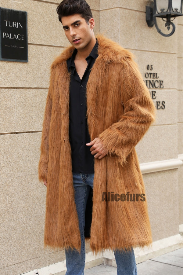 Men's Faux Fur Coat Square Collar Fluffy Long Overcoat
