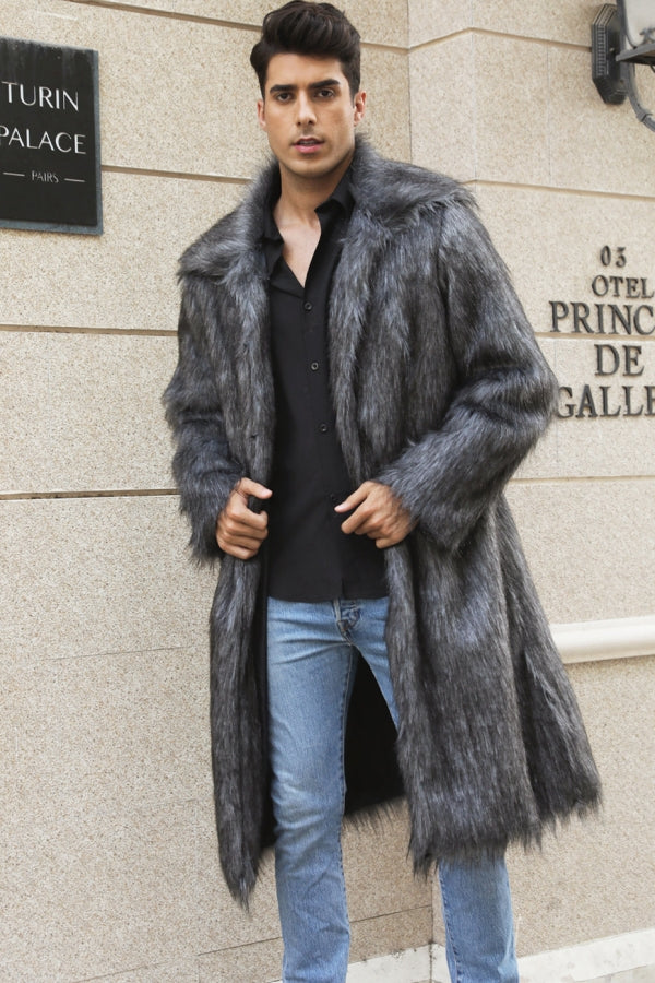 Men's Faux Fur Coat Square Collar Fluffy Long Overcoat