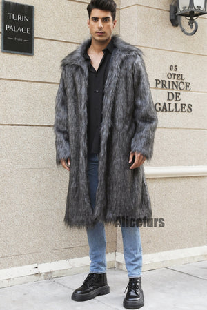 mens faux fur coat square collar fluffy long overcoat in dark gray Alicefurs