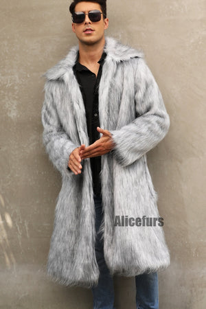 mens faux fur coat square collar fluffy long overcoat in gray 1 Alicefurs