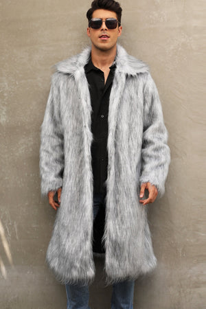 mens faux fur coat square collar fluffy long overcoat in gray 2 Alicefurs