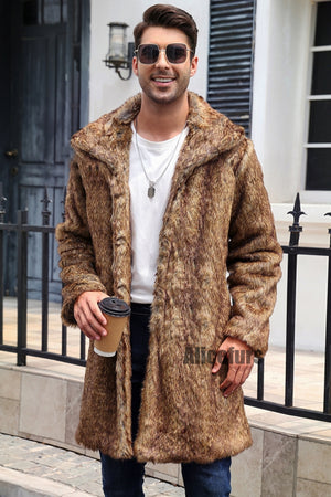 mens faux fur coat square collar fluffy long overcoat in mixed brown Alicefurs