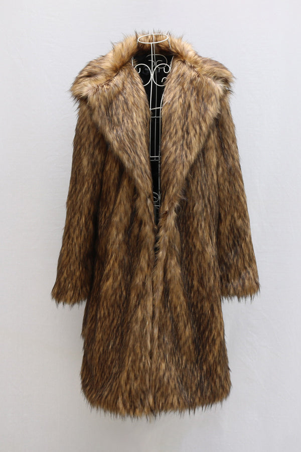 Men's Faux Fur Coat Winter Brown Long Fluffy Overcoat