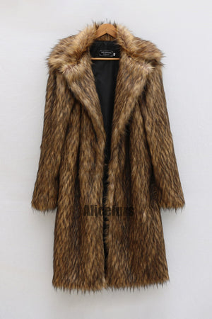 mens faux fur coat winter brown long fluffy overcoat 2 Alicefurs