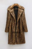 Men's Faux Fur Coat Winter Brown Long Fluffy Overcoat