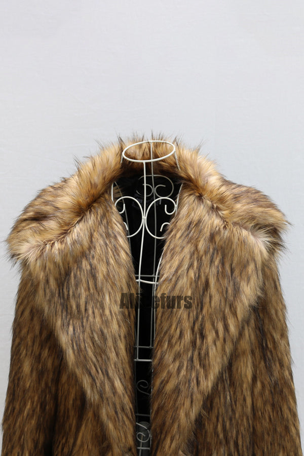 Men's Faux Fur Coat Winter Brown Long Fluffy Overcoat