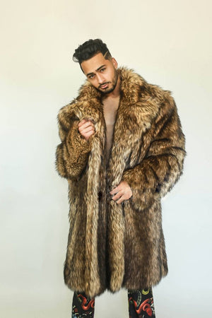 mens faux fur coat winter brown long fluffy overcoat Alicefurs