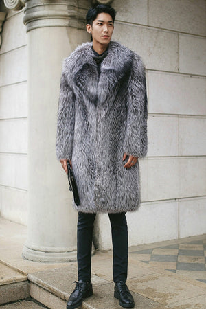 mens faux fur coat winter fluffy long overcoat in gray 1 Alicefurs