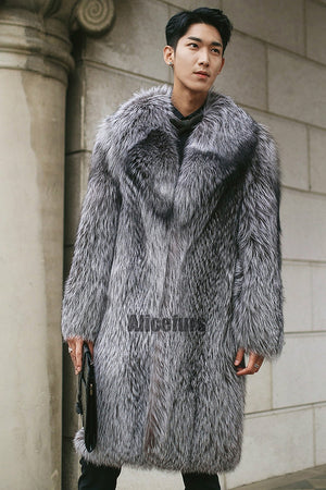 mens faux fur coat winter fluffy long overcoat in gray 2 Alicefurs