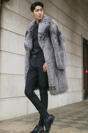 mens faux fur coat winter fluffy long overcoat in gray 3 Alicefurs