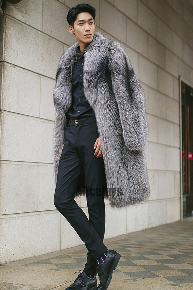 Men's Faux Fur Coat Winter Fluffy Long Overcoat in Gray