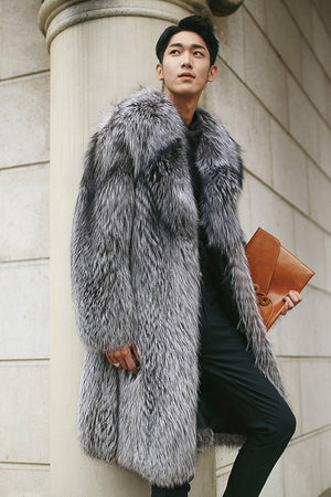 mens faux fur coat winter fluffy long overcoat in gray Alicefurs