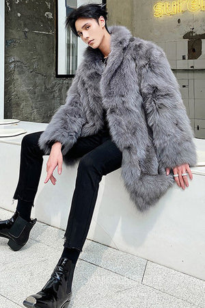 mens faux fur coat winter long fluffy overcoat in gray 3 Alicefurs