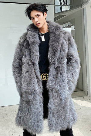mens faux fur coat winter long fluffy overcoat in gray Alicefurs