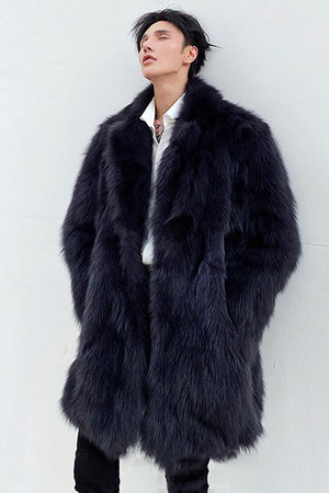 mens faux fur coat winter long fluffy overcoat in navy blue 2 Alicefurs
