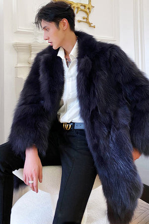mens faux fur coat winter long fluffy overcoat in navy blue 3 Alicefurs