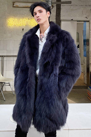 mens faux fur coat winter long fluffy overcoat in navy blue Alicefurs