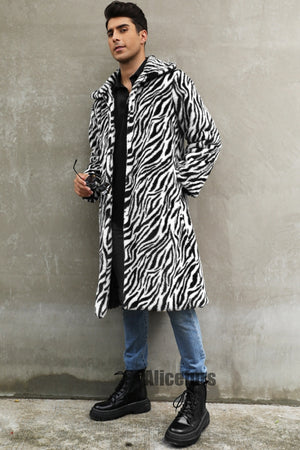 mens faux fur coat winter zebra print long overcoat in black and white 1 Alicefurs