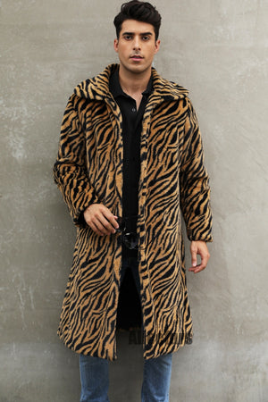 mens faux fur coat winter zebra print long overcoat in brown 1 Alicefurs