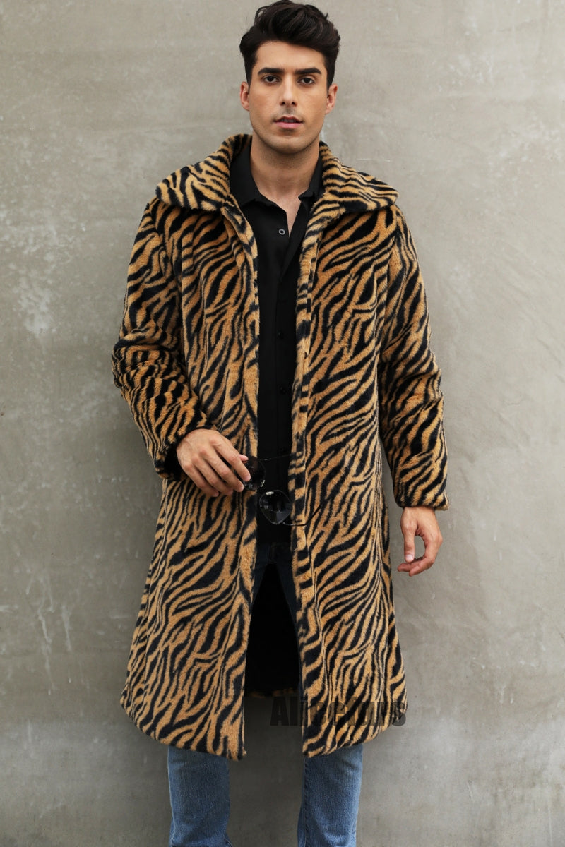 Men's Faux Fur Coat Winter Zebra Print Long Overcoat